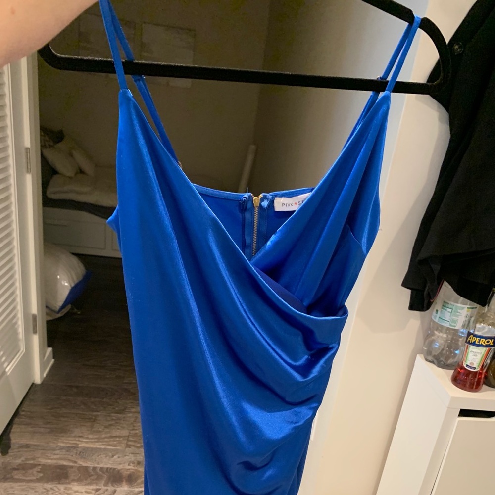 Blue, satin, skinny strap, mini. Gold back zipper